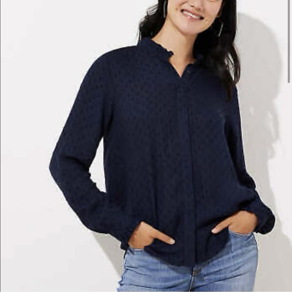 LOFT Ruffle Trim Swiss Dot Blue Top Long Sleeve XS NWT
